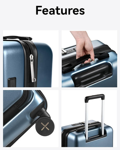 Expert Gear Travel Carry-On Luggage with Front Pocket, 22x14x9 Expert Depth Design for Effortless Organization. Compact Spinner Suitcase Meets Airline Size Requirements.
