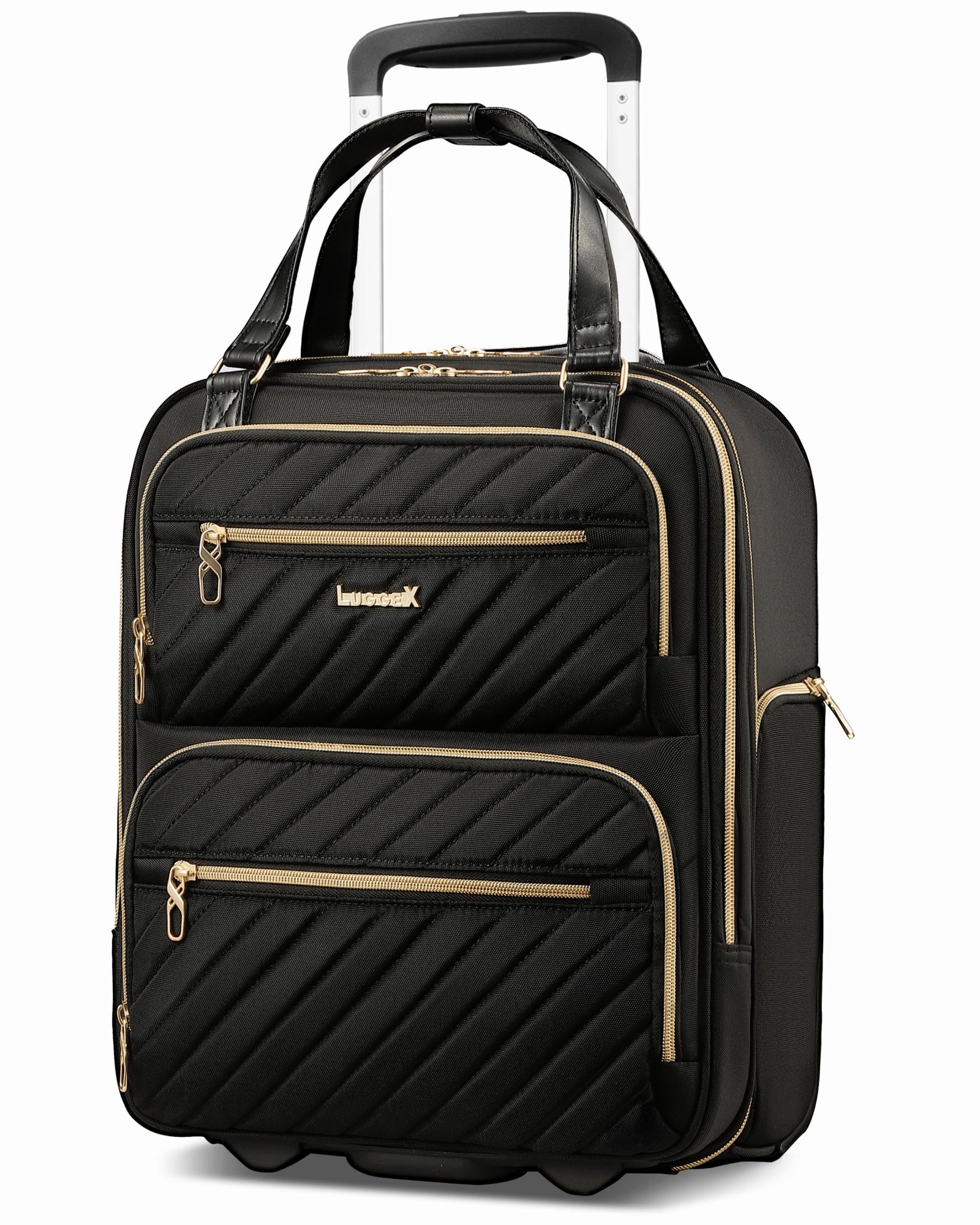 Black soft-sided underseat carry-on luggage with wheels, front view of fashionable compact suitcase for short trips featuring laptop compartment. 
#color_black