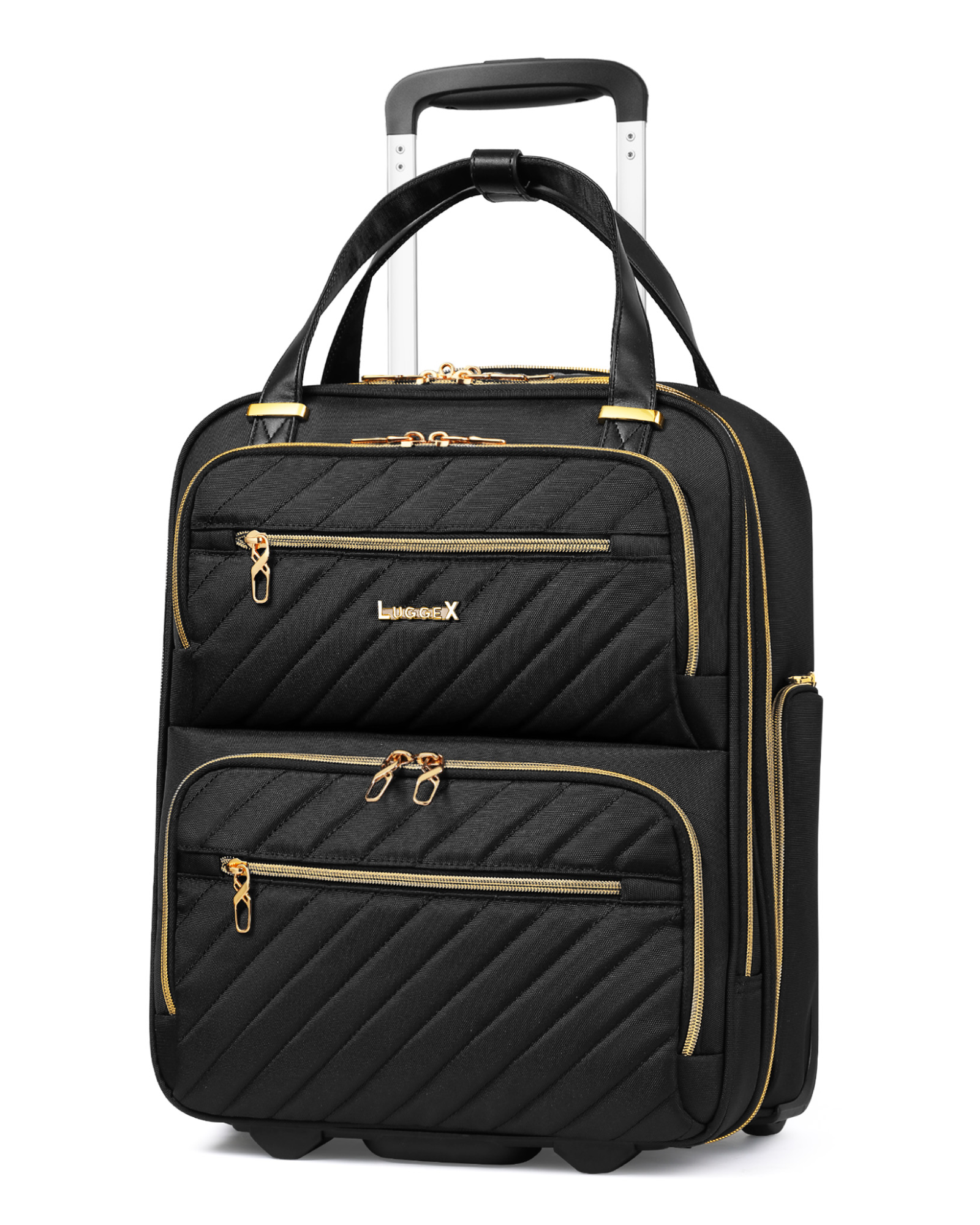 Black soft-sided underseat carry-on luggage with wheels, front view of fashionable compact suitcase for short trips featuring laptop compartment. 
#color_black