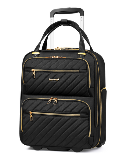 Black soft-sided underseat carry-on luggage with wheels, front view of fashionable compact suitcase for short trips featuring laptop compartment. 
