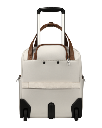 soft-sided underseat carry-on luggage with wheels, front view of fashionable compact suitcase for short trips featuring laptop compartment. 