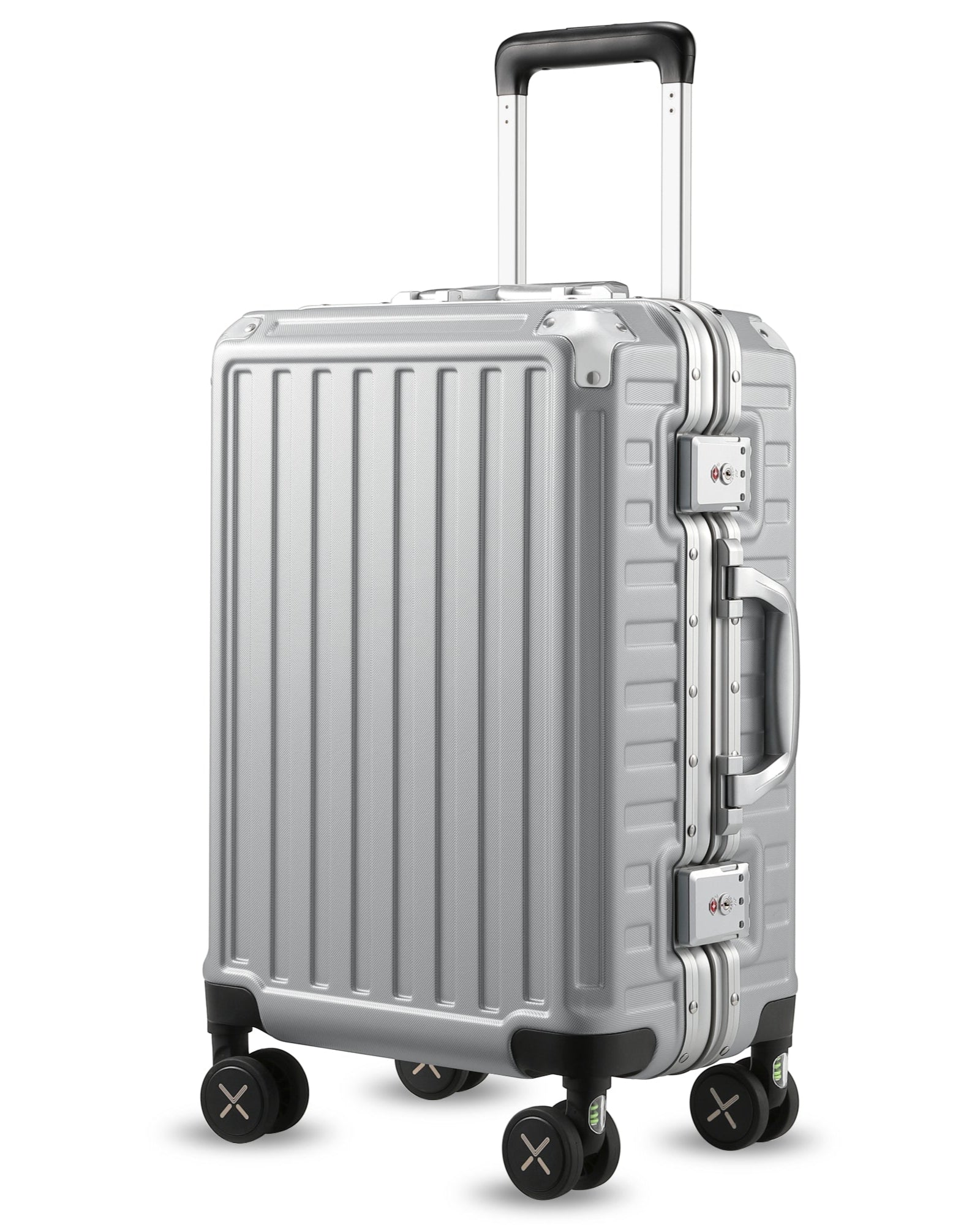 Black Aluminum Zipperless Carry-On Luggage with Reinforced Corner Protectors, Stylish Front-View Design for Modern Travel Essentials 