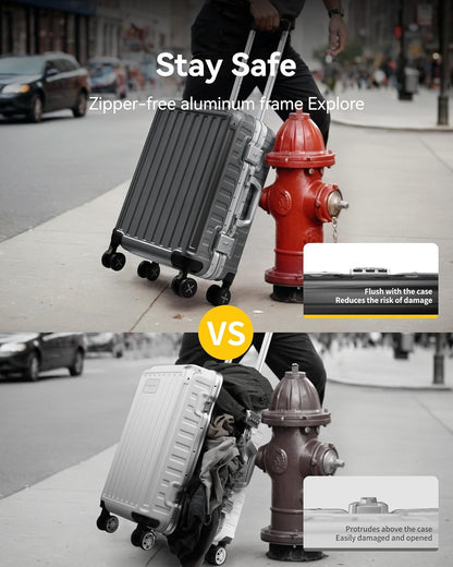 Zipperless aluminum carry-on luggage with TSA-approved anti-mishandling lock, secure seamless design prevents accidental opening, durable lightweight travel gear for airport security compliance 