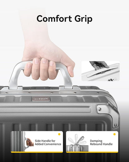 Zipperless Aluminum Carry-On Luggage with Damping Rebound Handle & Side Handle Close-Up, Durable Travel Case Featuring Seamless Design and Ergonomic Grip Details 