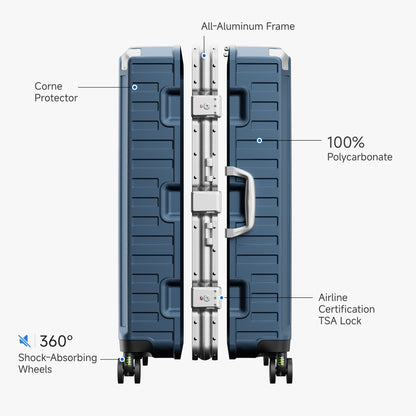 LUGGEX grey 100% polycarbonate aluminum frame check-in large luggage suitcase with TSA-approved lock, corner protectors and shock-absorbing wheels
