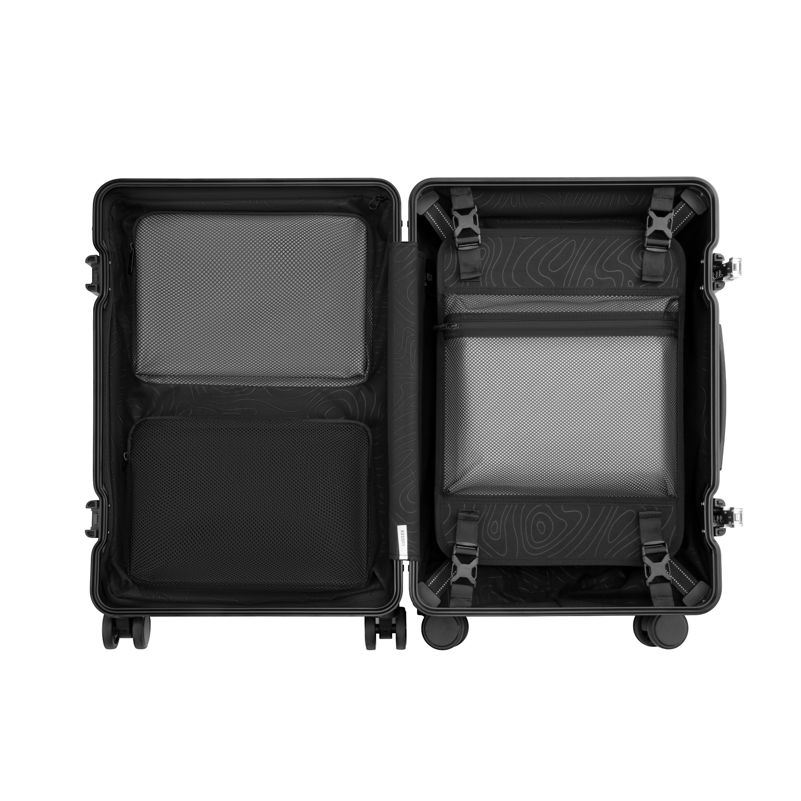 LUGGEX carry-on luggage interior with removable waterproof divider and organized compartments for neat and efficient packing. #show #color_black