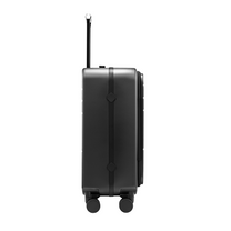 LUGGEX  FLA front open carry-on suitcase with reinforced side foot pads and rivet-free aluminum frame—designed to protect the shell when placed on its side.
