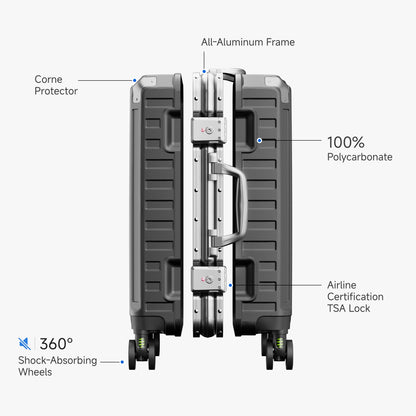 LUGGEX charcoal 100% polycarbonate aluminum frame carry-on luggage suitcase with TSA-approved lock, corner protectors and shock-absorbing wheels
#color_charcoal