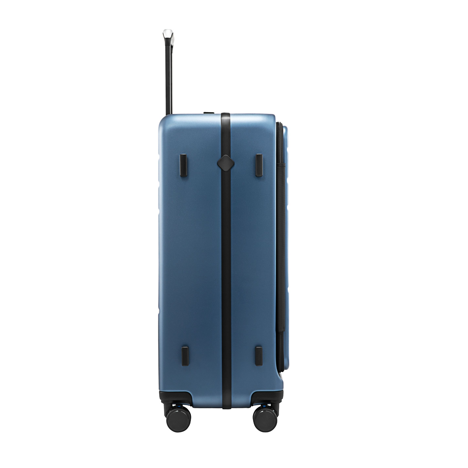 LUGGEX  FLA front open check-in suitcase with reinforced side foot pads and rivet-free aluminum frame—designed to protect the shell when placed on its side.
