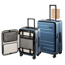 100% polycarbonate hard shell, and reinforced aluminum frame for durable protection and long-term travel use. #LUGGEX top-open luggeage set with a rivet-free aluminum frame and 100% polycarbonate hard shell, trunk-style interior, and built-in bag hook — designed for spacious, worry-free travel.
#color_blue #show