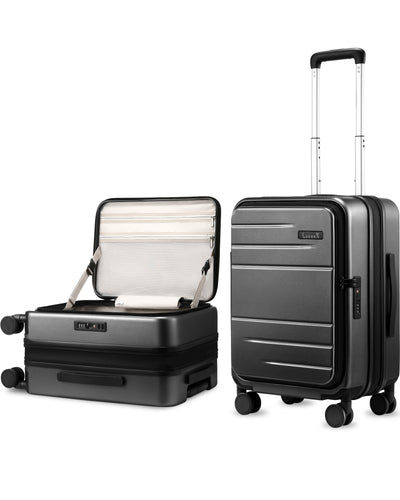 LUGGEX FLO Lite 20-inch blue carry-on luggage with front-opening hard-shell design, TSA lock, and spinner wheels, shown open and upright

