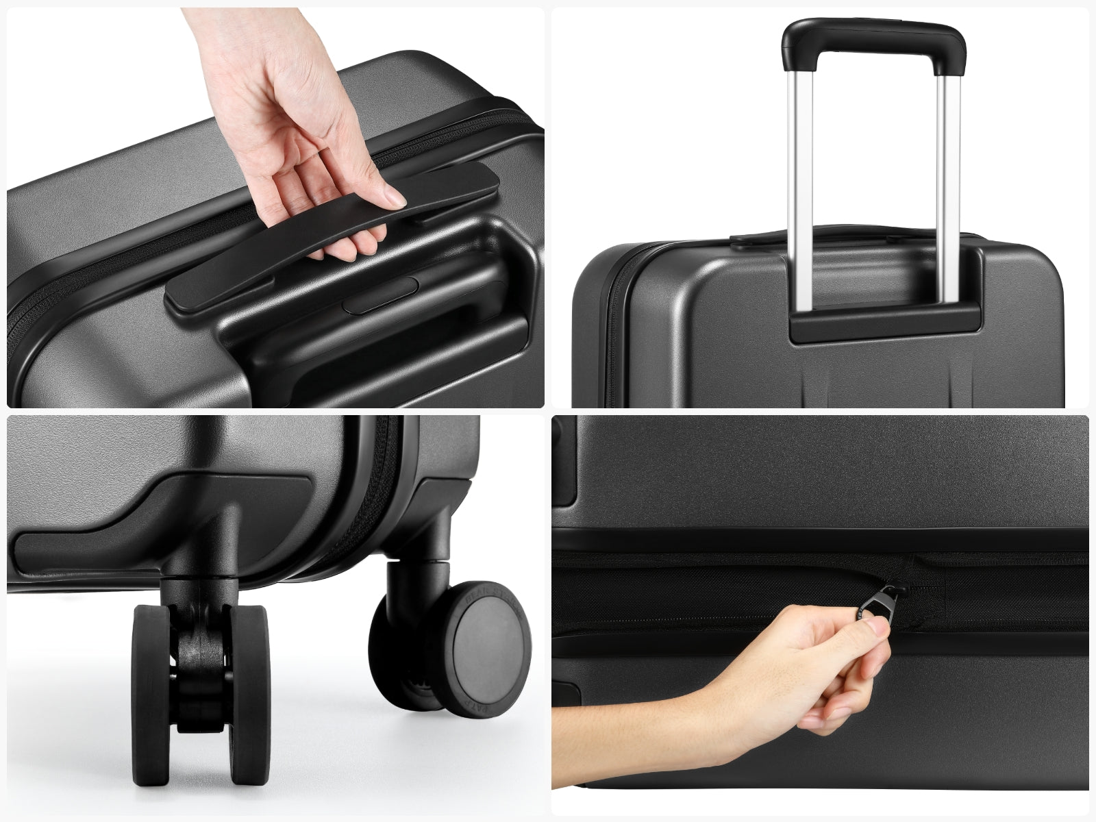 “Side carry handle on LUGGEX FLO Lite 20-inch blue carry-on luggage for easy lifting.”
“Adjustable telescopic handle on LUGGEX FLO Lite 20-inch blue carry-on suitcase for smooth rolling.”
“Durable 360° spinner wheels on LUGGEX FLO Lite 20-inch blue carry-on hard-shell luggage.”
“Secure zipper detail on LUGGEX FLO Lite 20-inch blue carry-on luggage with reinforced closure.”
