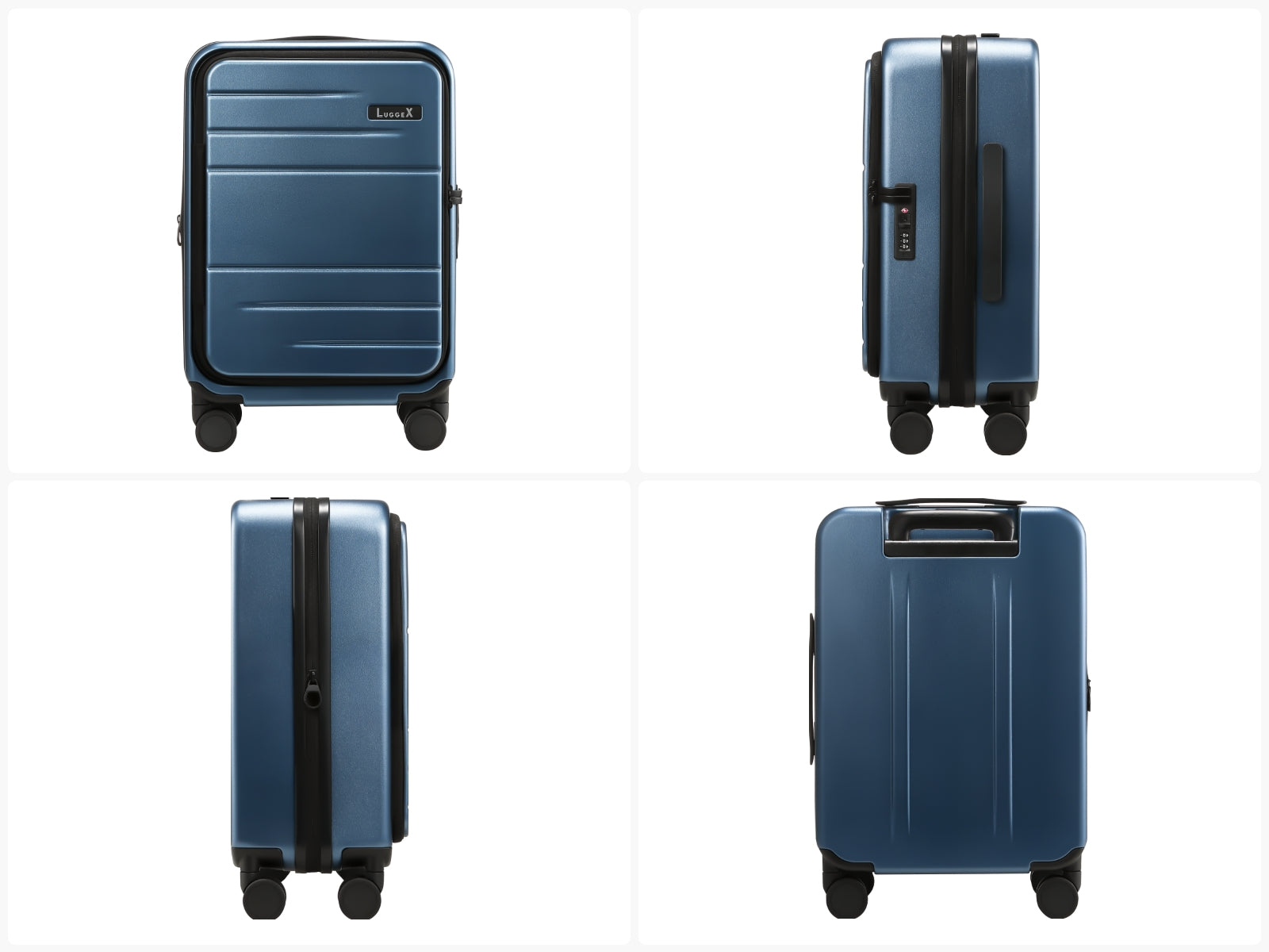 LUGGEX FLO Lite 20-inch blue carry-on luggage showing telescopic handle, side handle, spinner wheels, and zipper closure.
