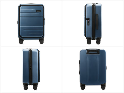 LUGGEX FLO Lite 20-inch blue carry-on luggage showing telescopic handle, side handle, spinner wheels, and zipper closure.
