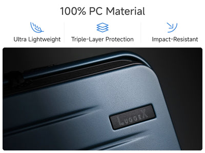 Close-up of LUGGEX FLO Lite blue carry-on luggage shell made from 100% polycarbonate with ultra-lightweight, triple-layer protection, and impact-resistant design
