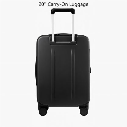 Back view of LUGGEX FLO5 20-inch carry-on luggage featuring a sturdy aluminum telescopic handle and durable 100% polycarbonate shell for long-lasting performance.
