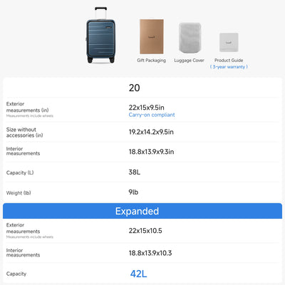 LUGGEX 20-inch carry-on suitcase size chart showing dimensions, weight, and expanded 42L capacity with gift packaging, luggage cover, and 3-year warranty
