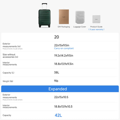 LUGGEX 20-inch carry-on suitcase size chart showing dimensions, weight, and expanded 42L capacity with gift packaging, luggage cover, and 3-year warranty
