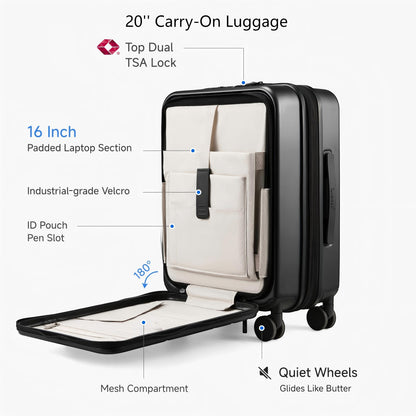 LUGGEX FLO5 20-inch front-open carry-on suitcase showing 16-inch padded laptop section, dual TSA lock, mesh pocket, and quiet spinner wheels for smooth travel.
