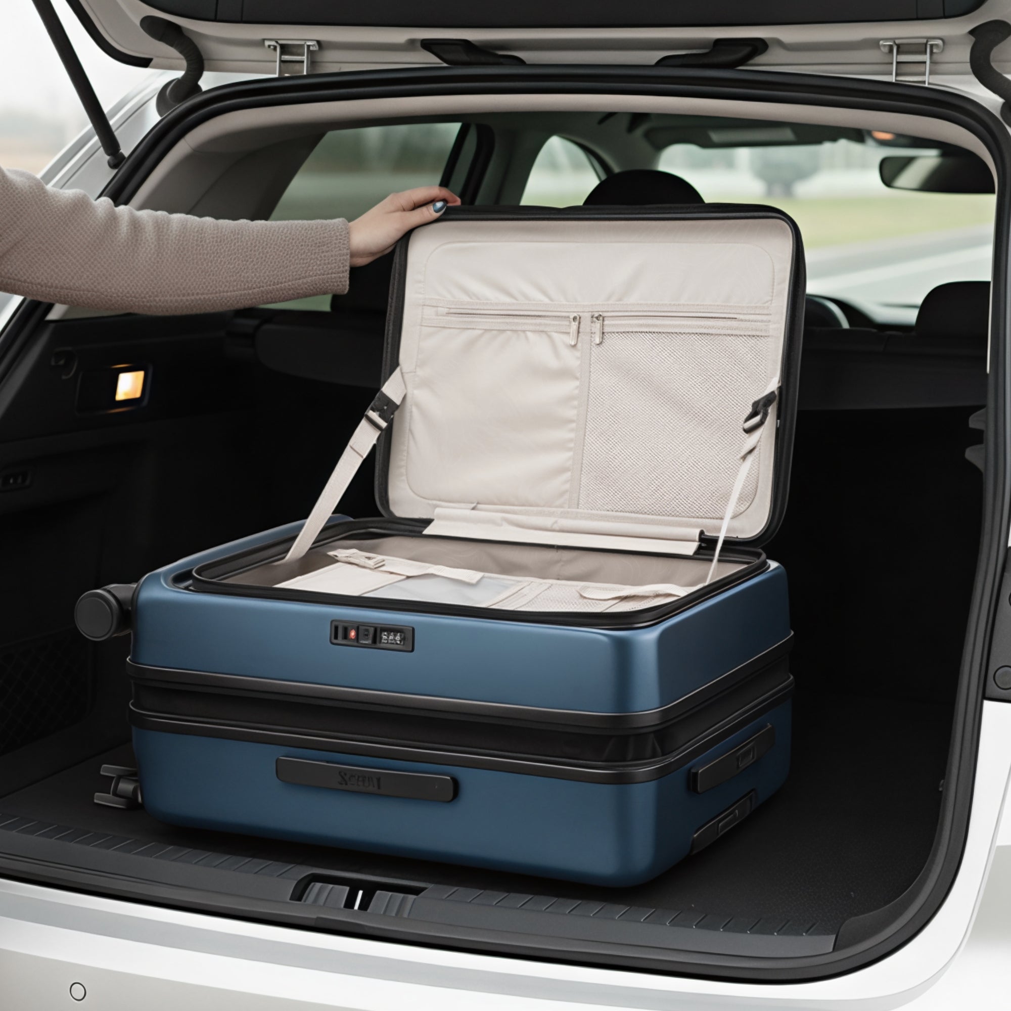 LUGGEX FLO 5 24-inch top-open suitcase placed in a car trunk, showing easy access design for compact travel and convenient packing. 
