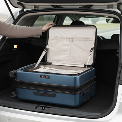 LUGGEX FLO 5 24-inch top-open suitcase placed in a car trunk, showing easy access design for compact travel and convenient packing. 