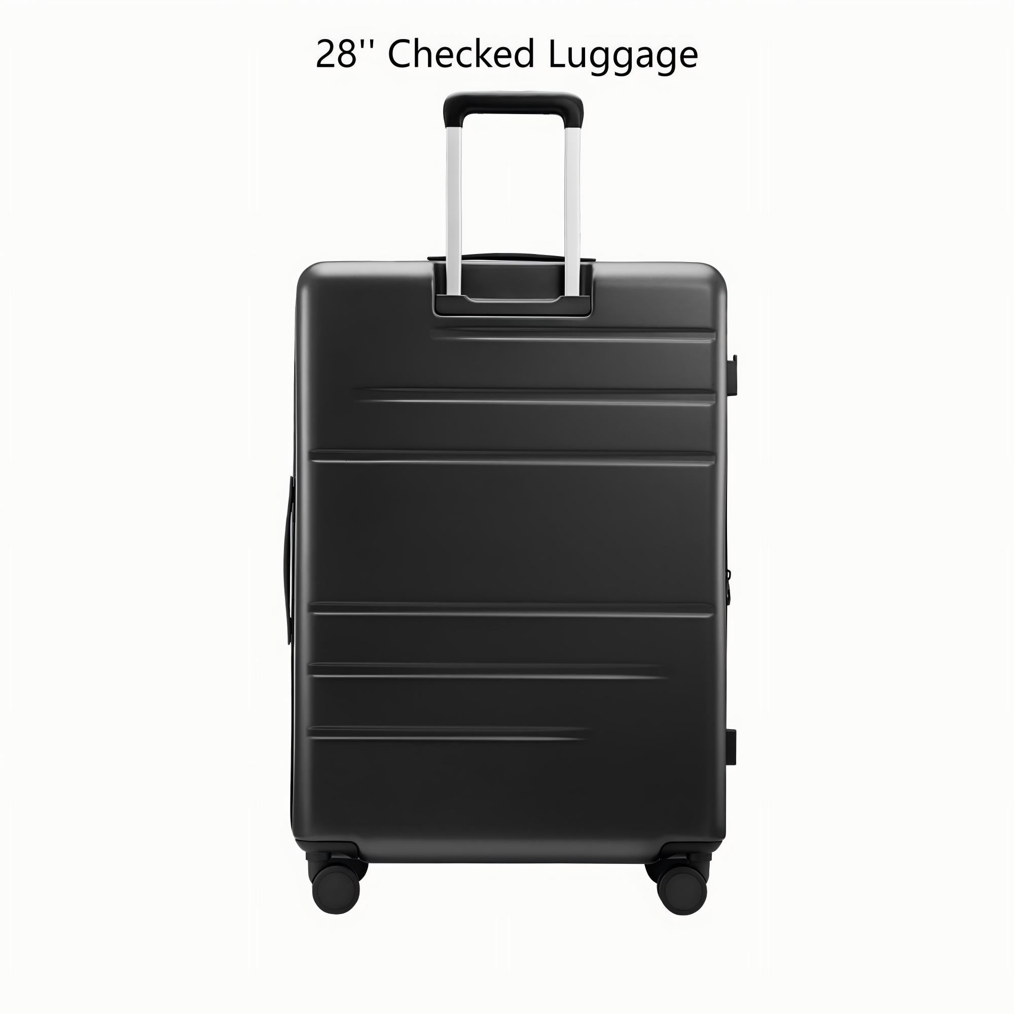 Back view of LUGGEX FLO5 28-inch checked luggage featuring a sturdy aluminum telescopic handle and durable 100% polycarbonate shell for long-lasting travel performance.
