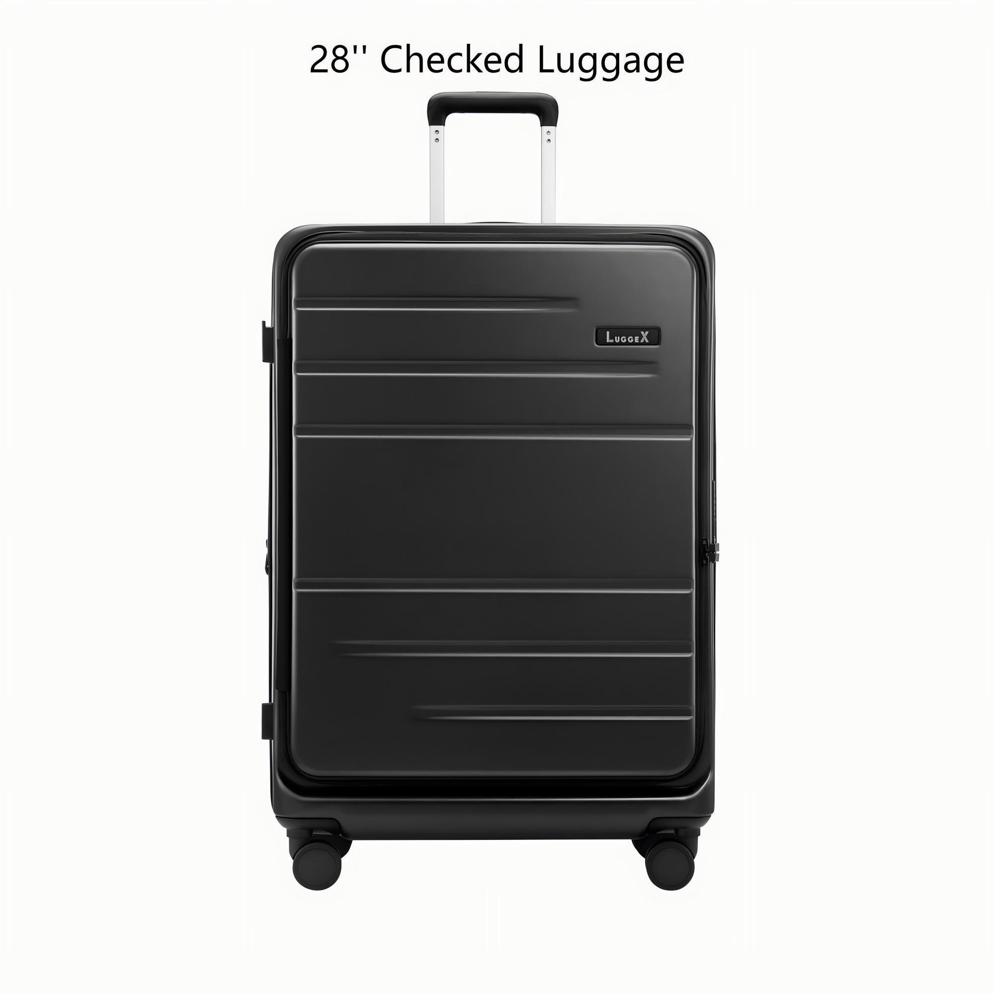 Front view of LUGGEX FLO5 28-inch front-open checked luggage featuring a sleek design, durable 100% polycarbonate shell, and aluminum handle for modern travelers.
