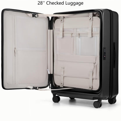 LUGGEX FLO5 28-inch front-open checked luggage interior showing multiple mesh pockets, waterproof compartments, removable bulkhead, and adjustable straps for neat, efficient packing.
