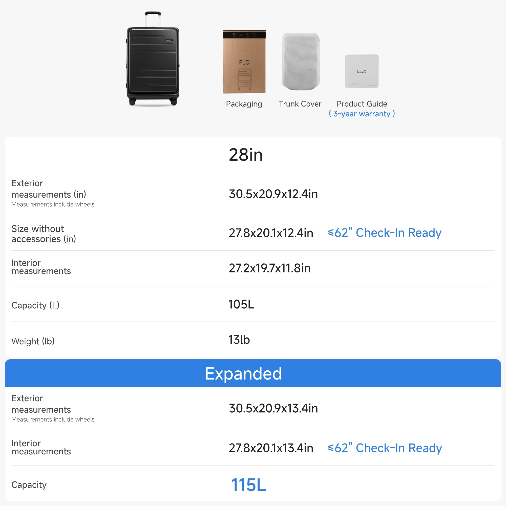 Luggex FLO5 28-inch suitcase details — includes packaging, trunk cover, and 3-year warranty, with a spacious 115L expandable capacity and check-in ready dimensions.
#color-charcoal-metallic