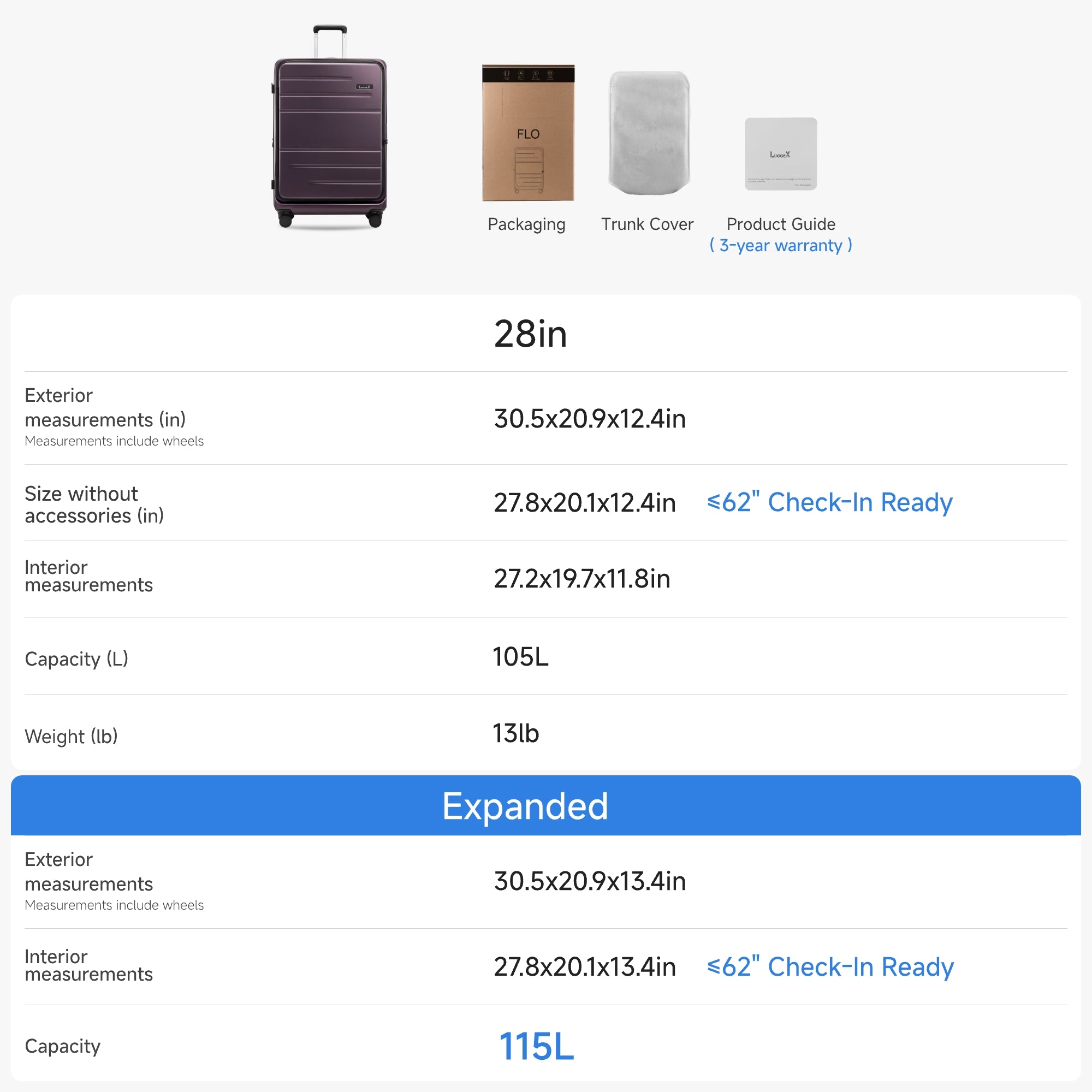 Luggex FLO5 28-inch suitcase details — includes packaging, trunk cover, and 3-year warranty, with a spacious 115L expandable capacity and check-in ready dimensions.
#color-purple