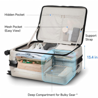 Check-In Luggage #LUGGEX FLO5 28-inch top-open check-in luggage showing deep 13.4-inch compartment for bulky gear. Features hidden pocket, mesh pocket for easy view, and support straps for organized, space-saving packing. Made from 100% polycarbonate. #color_black #show