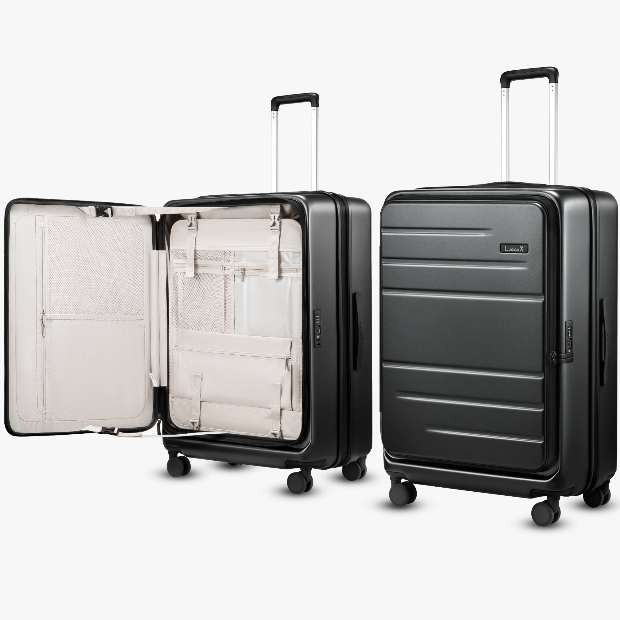 LUGGEX FLO5 28-inch top-open and front-opening check-in luggage, made from 100% polycarbonate, featuring deep expandable packing space, TSA-approved lock, and 360° silent spinner wheels.
#color-charcoal-metallic