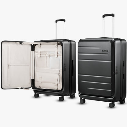 LUGGEX FLO5 28-inch top-open and front-opening check-in luggage, made from 100% polycarbonate, featuring deep expandable packing space, TSA-approved lock, and 360° silent spinner wheels.
#color-charcoal-metallic