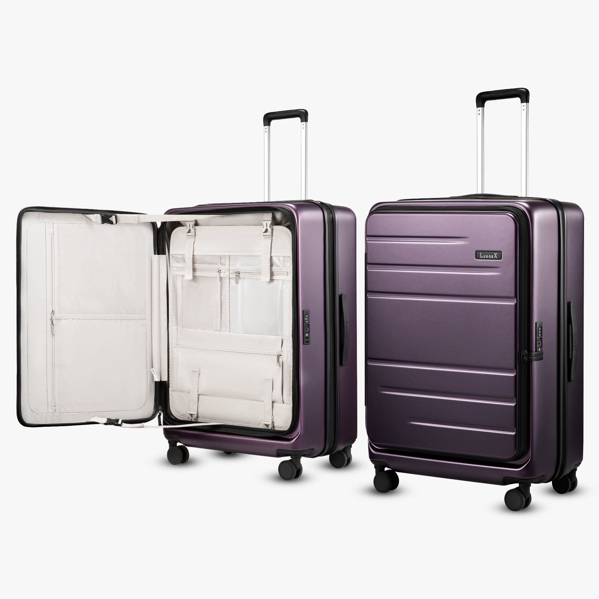 LUGGEX FLO5 28-inch top-open and front-opening check-in luggage, made from 100% polycarbonate, featuring deep expandable packing space, TSA-approved lock, and 360° silent spinner wheels.
#color_purple