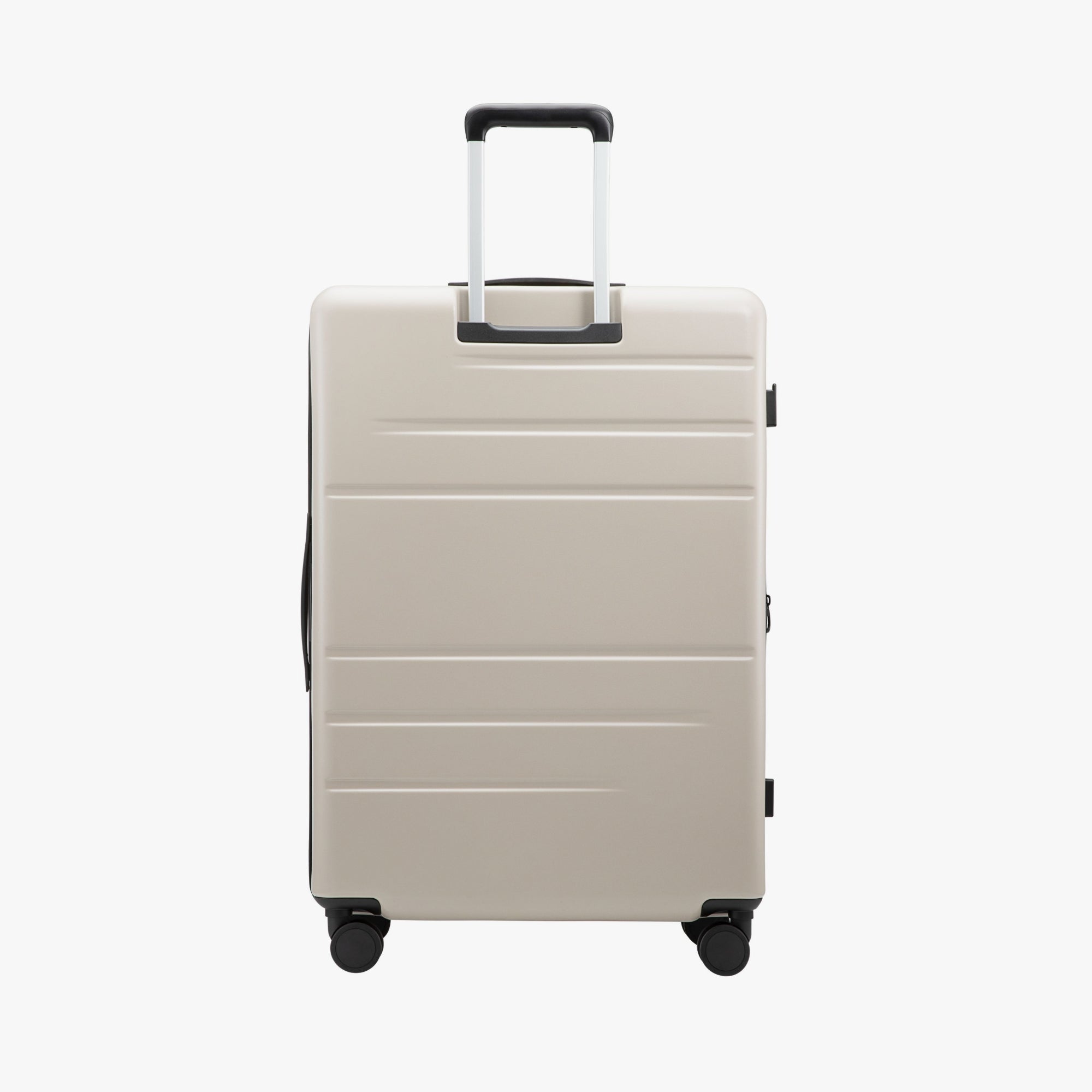 Back view of LUGGEX FLO5 28-inch top-open luggage, showcasing the sturdy aluminum telescopic handle. Built for durability and smooth maneuverability, ideal for long-haul travel. 