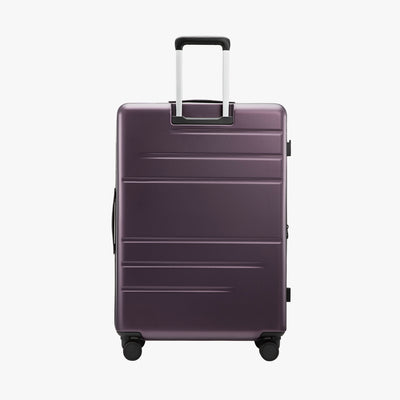 Back view of LUGGEX FLO5 28-inch top-open luggage, showcasing the sturdy aluminum telescopic handle. Built for durability and smooth maneuverability, ideal for long-haul travel. #color_purple #show