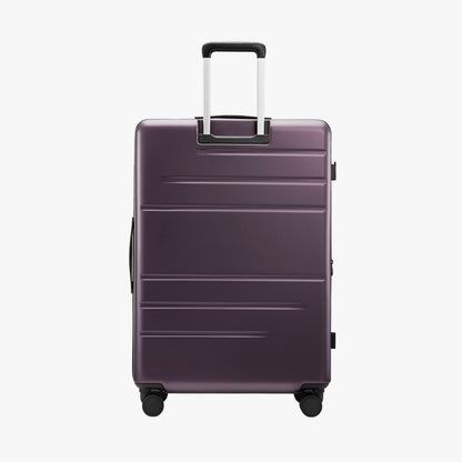 Back view of LUGGEX FLO5 28-inch top-open luggage in purple, showcasing the sturdy aluminum telescopic handle. Built for durability and smooth maneuverability, ideal for long-haul travel.
 