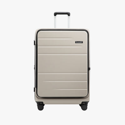 Front view of LUGGEX FLO5 28-inch top-open luggage, made from 100% polycarbonate for lightweight durability and a sleek, modern look. Built for smooth, secure travel.
