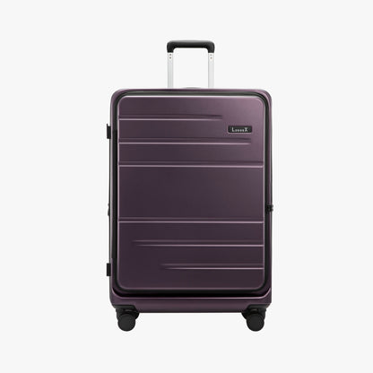 Front view of LUGGEX FLO5 28-inch top-open luggage, made from 100% polycarbonate for lightweight durability and a sleek, modern look. Built for smooth, secure travel.
 