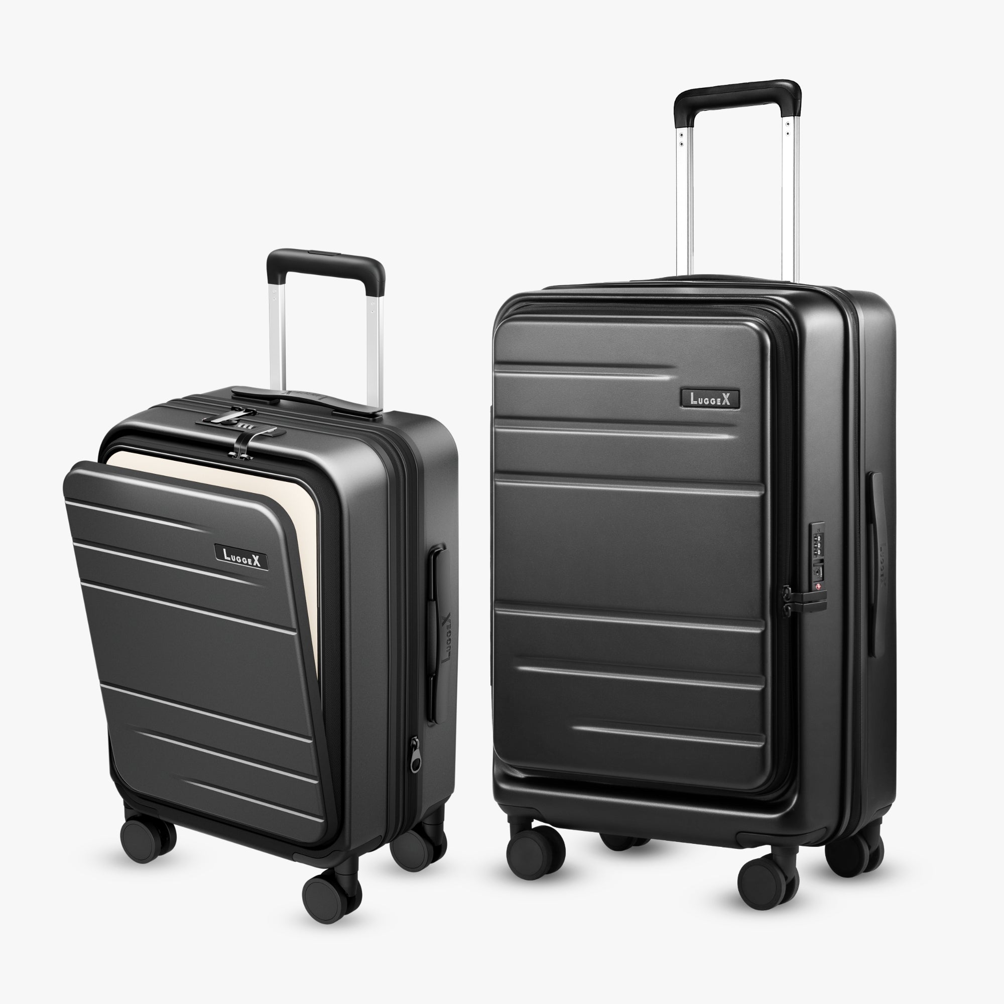 LUGGEX FLO5 front-open carry-on and 24-inch top-open luggage in charcoal metallic, featuring durable polycarbonate shells, TSA-approved locks, and smooth spinner wheels.
