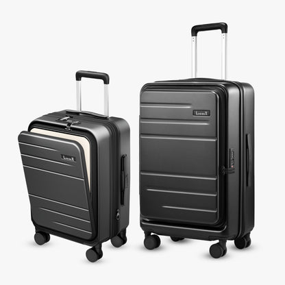 LUGGEX FLO5 front-open carry-on and 24-inch top-open luggage in charcoal metallic, featuring durable polycarbonate shells, TSA-approved locks, and smooth spinner wheels.
