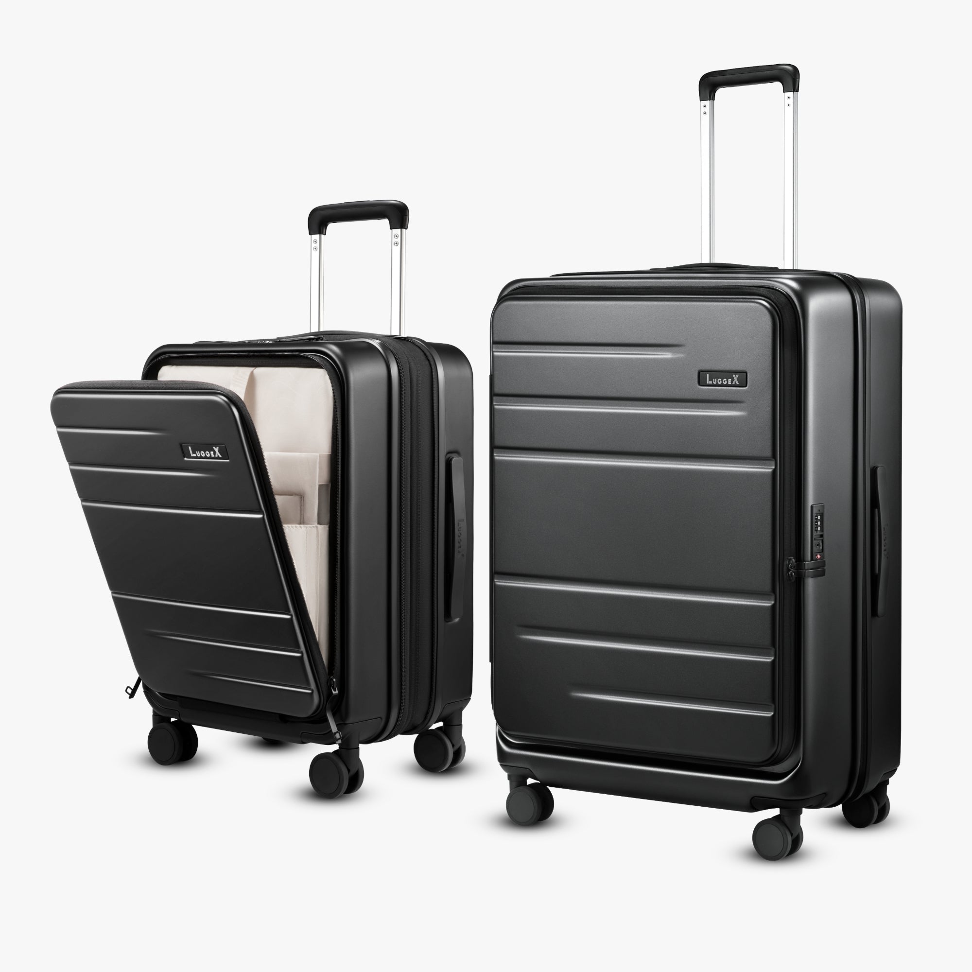 Side-by-side view of LUGGEX FLO5 carry-on front-open and 28-inch top-open luggage, featuring 100% polycarbonate shells, TSA-approved locks, and smooth spinner wheels.
#color_charcoal_metallic