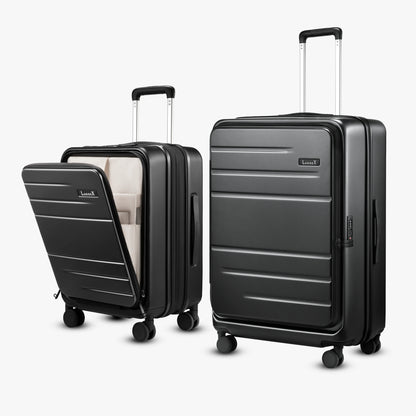 Side-by-side view of LUGGEX FLO5 carry-on front-open and 28-inch top-open luggage, featuring 100% polycarbonate shells, TSA-approved locks, and smooth spinner wheels.
