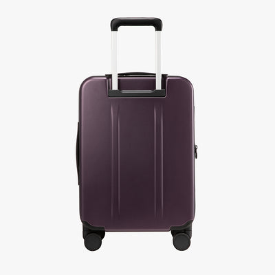 Back view of LUGGEX FLO 5 Core 20-inch 100% polycarbonate carry-on suitcase with retractable handle and smooth design. #color_purple #show 