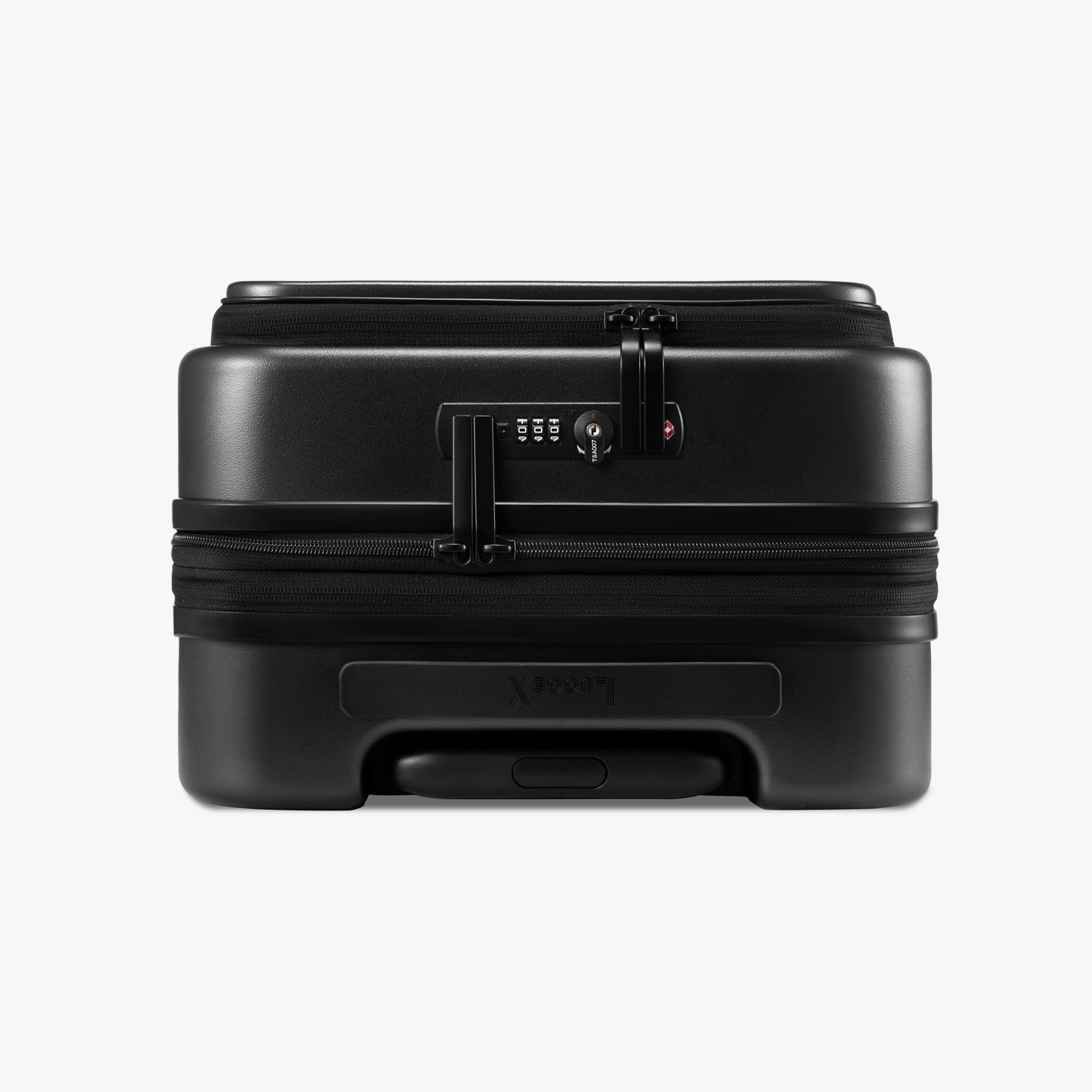 Close-up of dual TSA lock and expandable zipper on LUGGEX FLO 5 Core 20-inch carry-on suitcase. 