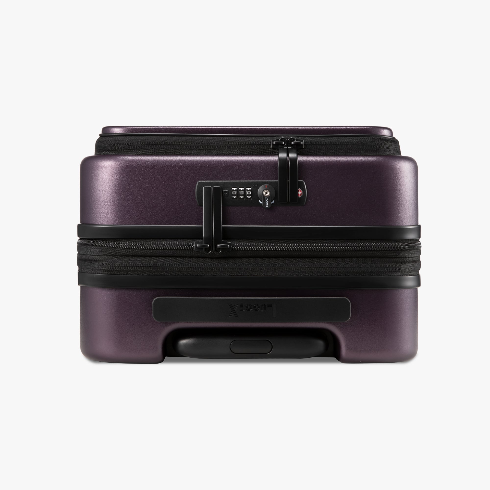 Close-up of dual TSA lock and expandable zipper on LUGGEX FLO 5 Core 20-inch carry-on suitcase. 