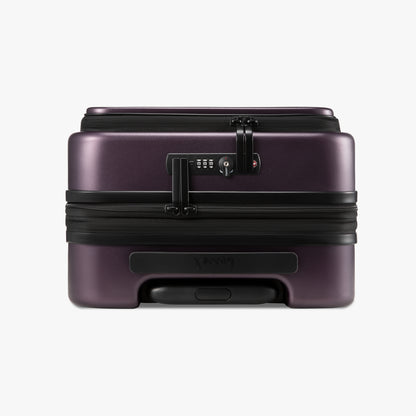 Close-up of dual TSA lock and expandable zipper on LUGGEX FLO 5 Core 20-inch carry-on suitcase. 