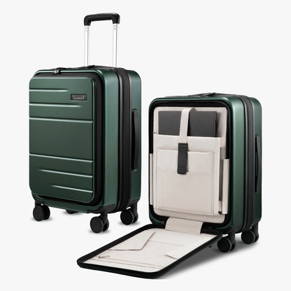 LUGGEX FLO 5 Core 20-inch front-opening carry-on luggage with built-in tech compartment and 180° opening design.
