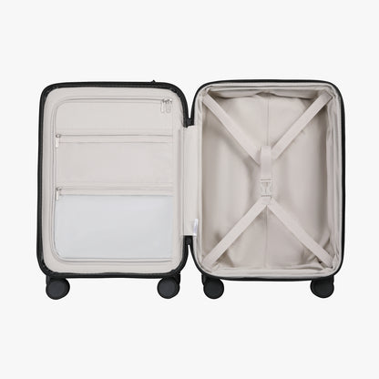 Open view of LUGGEX FLO 5 Core 20-inch carry-on showing cross straps, waterproof pocket, and organized compartments. 