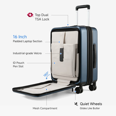 Carry-on Lugage #LUGGEX FLO 5 Core carry-on luggage showing 16-inch padded laptop section, mesh compartment, and dual TSA lock for easy business travel. #color_blue #show